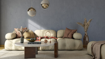 Fototapeta premium Large luxury modern bright interiors Living room mockup illustration 3D rendering image