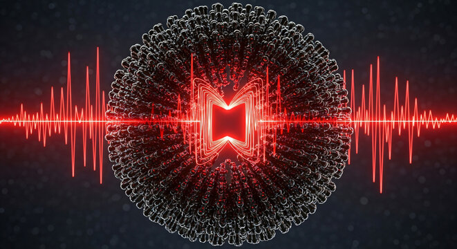 Dynamic abstract network visualization pulsing with vibrant red energy and intricate sound wave patterns, symbolizing innovation and data flow