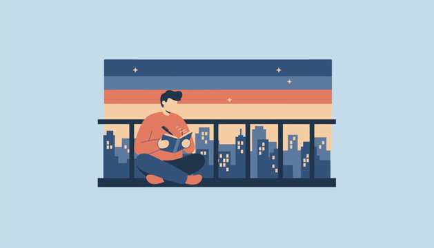 An evening scene with a person writing in a journal while sitting on a balcony overlooking a city skyline illuminated by twilight.