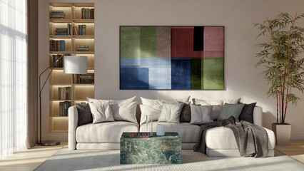 Fototapeta premium Large luxury modern bright interiors Living room mockup illustration 3D rendering image