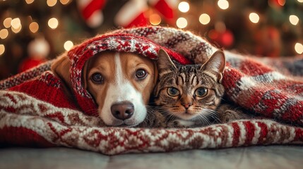 Adorable dog and cat snuggled under a cozy blanket enjoying the holiday spirit, perfect for heartwarming Christmas greetings and festive pet promotions