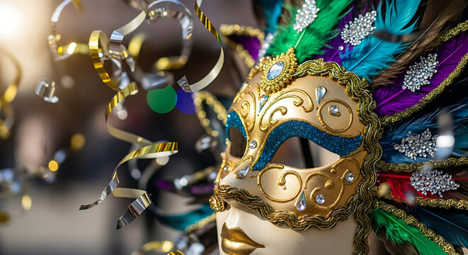 A detailed image of a luxurious Venetian mask, rich in gold leaf and adorned with vibrant feathers and shimmering gems, suggesting mystery.  - Powered by Adobe