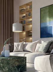 Fototapeta premium Large luxury modern bright interiors Living room mockup illustration 3D rendering image