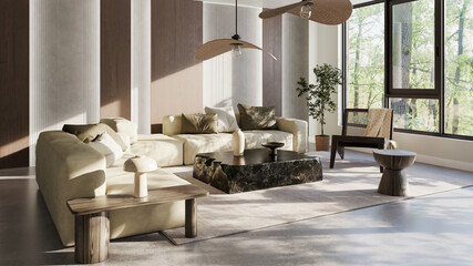 Fototapeta premium Large luxury modern bright interiors Living room mockup illustration 3D rendering image