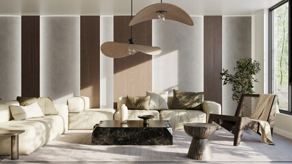 Fototapeta premium Large luxury modern bright interiors Living room mockup illustration 3D rendering image