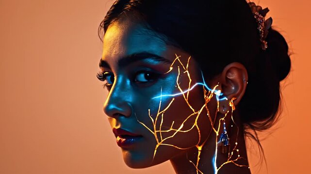 Portrait of a woman with golden veins on her face, sparks and lightning from emerging thoughts, magic, or superpowers