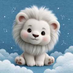 Cute cartoon lion cub sitting in the clouds with a blue night sky background