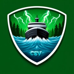 Bold logo design featuring a ship navigating turbulent waters with green lightning effects