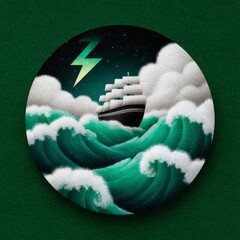 Stormy sea scene featuring a ship battling fierce waves and lightning in the night sky