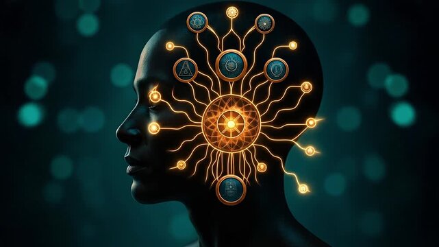 Stylized head profile on teal bokeh, glowing amber core sends circuit lines to gold rimmed circular nodes with blue icons, evoking neural networks, cognition and mind machine integration