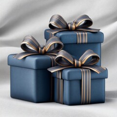 Boxes wrapped in blue with ribbons sit on a smooth surface, ready for a special occasion