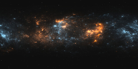 360 degree space nebula. Giant interstellar cloud with stars, equirectangular projection, environment map. Spherical panorama. 3D rendering, Fractal image