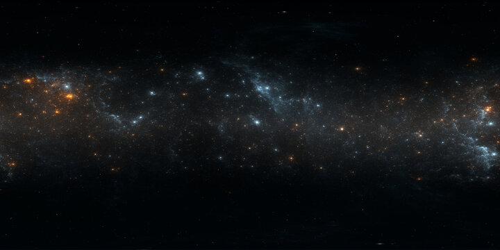 360 degree space nebula. Giant interstellar cloud with stars, equirectangular projection, environment map. Spherical panorama. 3D rendering, Fractal image