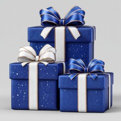 Three elegantly wrapped blue gift boxes stacked together with decorative bows