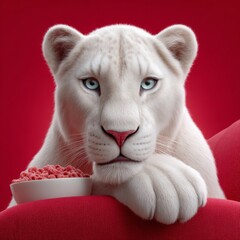 White lion rests comfortably on a red couch beside a bowl of food looking directly at the viewer