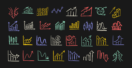 Charts Growth Decline On Blackboard Crayon Chalk Drawing Doodle Vector Set
