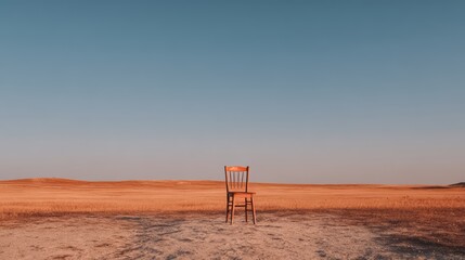 Fototapeta premium Wooden chair is sitting in a desert. The chair is empty and the desert is barren