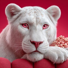 White lion with pink eyes enjoying popcorn on a red background with a soft couch