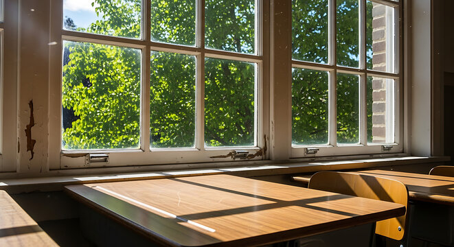 A classroom view from window with bright daylight and wooden desks, perfect for educational content, evokes feelings of peaceful, light-filled learning environment.