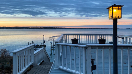 Colorful Sunset Over Lake with Boat Lifts in the Fall