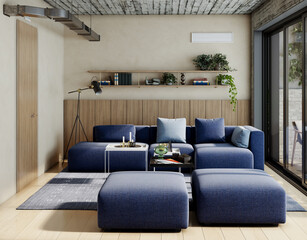 Naklejka premium Large luxury modern bright interiors Living room mockup illustration 3D rendering image