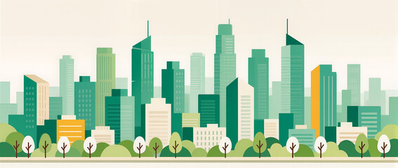 City skyline filled with vibrant green buildings and lively trees