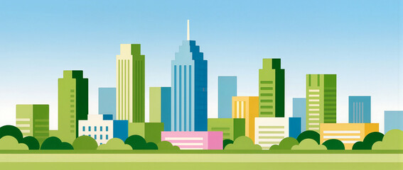 Vibrant city skyline under a clear blue sky with lush greenery