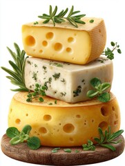 Three varieties of cheese stacked on a wooden board with fresh herbs