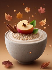 Warm oatmeal bowl with apple slices and cinnamon in autumn setting