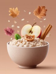 Delicious bowl of oatmeal topped with apple slices and spices in a cozy autumn setting