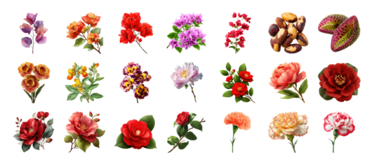 Botanical compilation featuring diverse flower types and vibrant colors arranged elegantly on transparent background