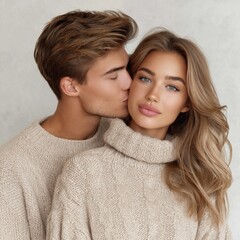Young couple shares a tender moment in cozy sweaters against a neutral background