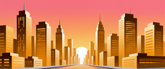 City skyline bathed in warm sunset hues over urban landscape