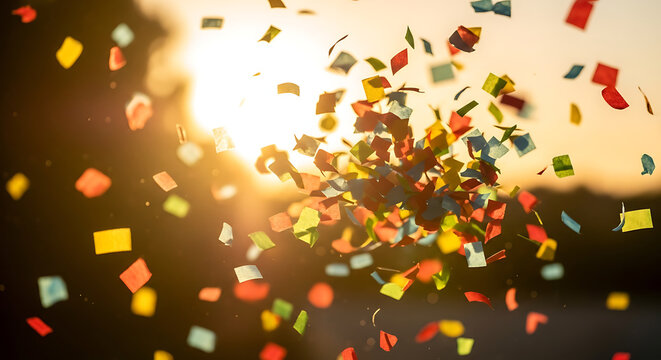 Colorful confetti bursts, a dynamic and joyful scene, with confetti of various hues dancing in the air, creating a vibrant spectacle.