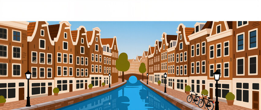 Charming canal scene in a vibrant European city under blue skies - Powered by Adobe
