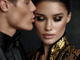 Elegant couple in evening attire sharing an intimate moment during a photoshoot