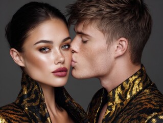 Couple sharing an intimate moment in stylish outfits with a dark background