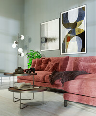 Naklejka premium Large luxury modern bright interiors Living room mockup illustration 3D rendering image