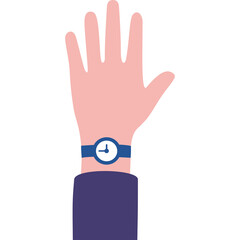 Pink Hand with Blue Wristwatch Wearing a Dark Blue Sleeve Against a White Background