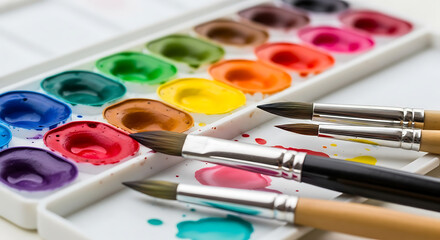 A vibrant array of watercolor paints and paintbrushes, capturing the essence of artistic creativity.