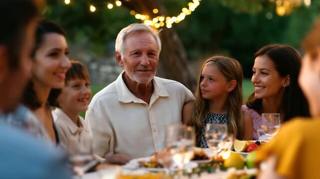 The image beautifully captures a multi-generational family gathering outdoors, filled with warmth, laughter, and connection. A senior grandfather sits at a dinner table surrounded