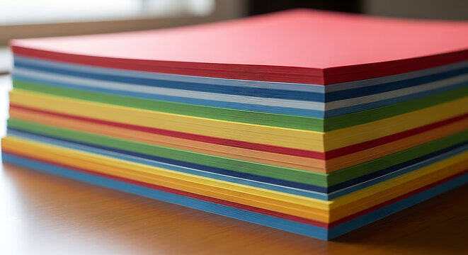 A vibrant stack of colorful paper showcases a spectrum of hues in a neat and organized array. The composition highlights the clean edges, capturing the essence of order and creativity.