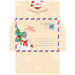 Printable envelope for Santa Claus. Template with soft beige background decorated with snowman, stamp, snowflakes, copy space. Merry Christmas. Vector illustration.