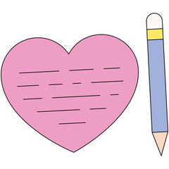 Pink heart shaped sticky note with lines for writing next to a blue pencil with a yellow eraser on a transparent background