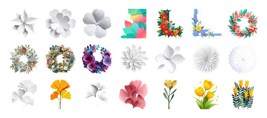 Collection of floral elements, including flowers, wreaths, and leaves, in various colors on transparent background