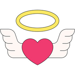 Pink heart with white wings and yellow halo on transparent background simple illustration