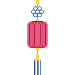 Pink Japanese Paper Lantern with Blue Tassel and Floral Ornament Hanging Against a White Background Decorative Element