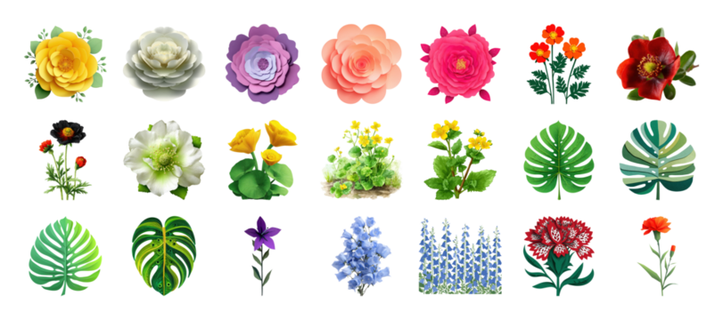 Diverse collection of floral illustrations including flowers and leaves, isolated individually on transparent background - Powered by Adobe