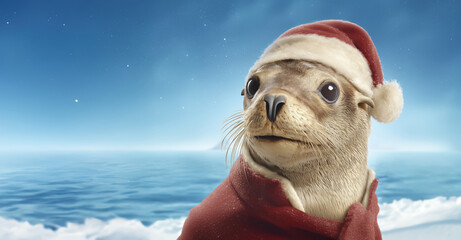 Cute seal wearing Santa Claus clothes for Christmas card, copy space on sky and arctic sea background