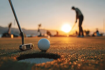 Man is playing golf and the ball is in the hole. The sun is setting in the background